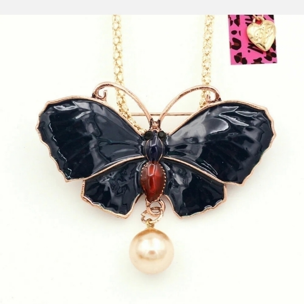 BETSEY Johnson 28" Butterfly Deep Blue Enamel Necklace Brooch Pin NEW